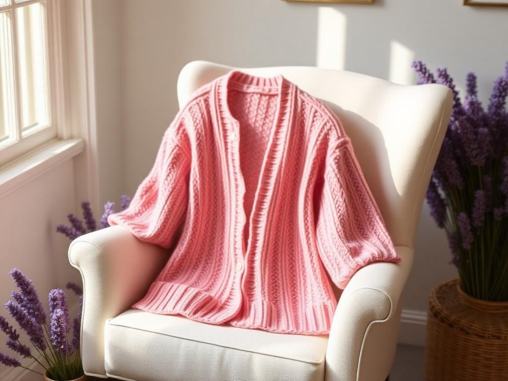 A cozy hand-knit cardigan arranged with balls of yarn